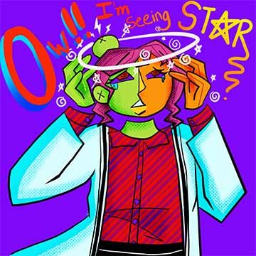 Image of a girl in a cubism era style looking dizzy and crying. Text reads: ow! I am seeing stars. 