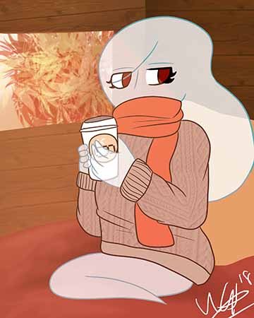 Image of a humanoid ghost with a sweater and a cup of coffee while sitting in a treehouse in the autumn season. 
