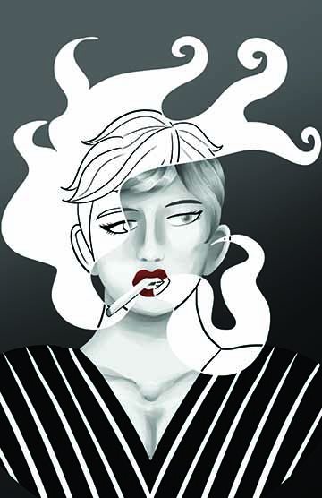A black and white image of a woman smoking with red lips and the smoke revealing lineart while the rest of the image is digital painting.