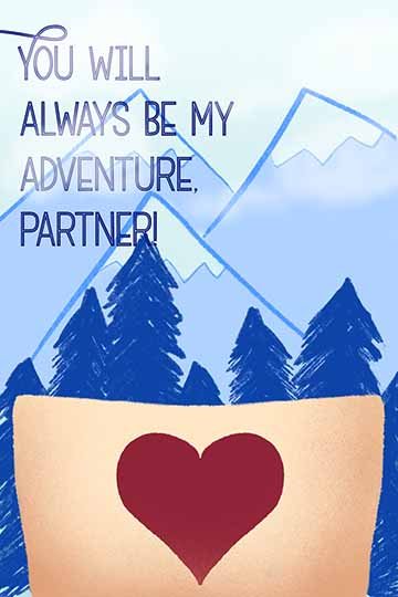 Card A: Blue mountains in the background and darker color trees with a map at the bottom opening up with a heart in the middle of the map. Text: You will always be my adventure, partner Card B: Two paper airplanes loop into a circle with text that reads “Partner, I love you from a distance.” Card C: Wedding Bells at the top of the card ringing with purple ribbon. Text reading “Congratulations to the new Mx &amp; Mx”