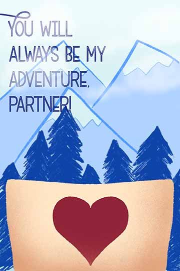 Card A: Blue mountains in the background and darker color trees with a map at the bottom opening up with a heart in the middle of the map. Text: You will always be my adventure, partner Card B: Two paper airplanes loop into a circle with text that reads “Partner, I love you from a distance.” Card C: Wedding Bells at the top of the card ringing with purple ribbon. Text reading “Congratulations to the new Mx & Mx”