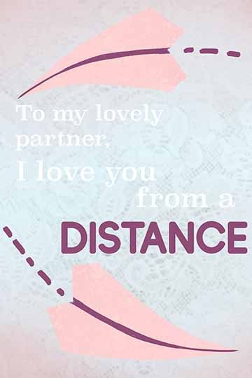 Card A: Blue mountains in the background and darker color trees with a map at the bottom opening up with a heart in the middle of the map. Text: You will always be my adventure, partner Card B: Two paper airplanes loop into a circle with text that reads “Partner, I love you from a distance.” Card C: Wedding Bells at the top of the card ringing with purple ribbon. Text reading “Congratulations to the new Mx &amp; Mx”