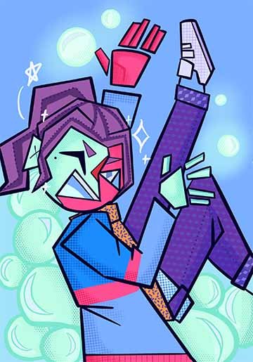 Image of a girl in a geometric cubistic style leaning back in a dynamic pose, winking with bubbles along her back and some rising above.