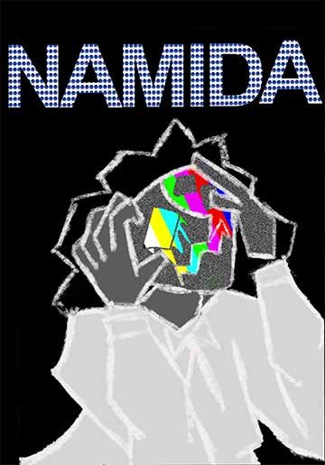 A girl in a geometric style dramatically holds her head with static on her face and TV color bars. Text reads: NAMIDA overlaid with tear drop emojis