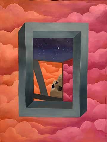 This painting is of cloud that are pink on the left side and orange on the right side. In the center of the painting is an impossible square. Within the square, it is divided in half with a line. The bottom half showed more of the clouds, reflections of the square, and an upside-down skull. The top half shows a clear dark sky with stars and a crescent moon.