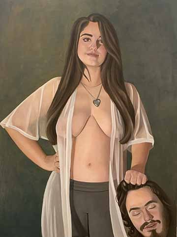 This painting is of a Greek, dark haired woman standing with her hand on her hip and her other hand holding the head of a man by her hip. She is looking at the viewer with a soft smile. She is wearing a sheer robe that is opened in the front to expose her bare chest. 