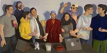 This is a recreation of the Last Supper using eight college boys and one girl. On the table in front of them there are two computers, an ash tray, an R2D2 toy, and a candle. 