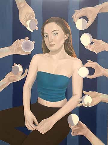 This is a portrait of a white woman in a teal tube top with her head turned slightly to the side and a neutral expression. Surrounding her, there are eight hands coming in from out of frame, each holding a small moon from each phase. There is a navy and blue striped backdrop. 