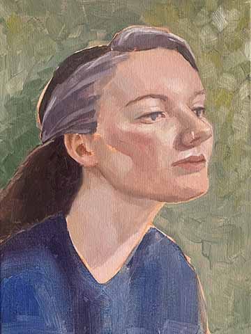 This is a side profile portrait of a white woman with the front strip of her hair dyed purple and pulled back. She has a nose ring and a neutral expression. The green background is textured by short, square brush strokes. 