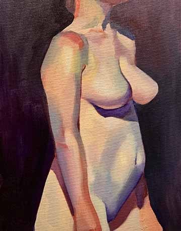 This is a painting of a nude female body turned to the right side. It is cut off at the neck and at the top of the thigh. The skin is colorful and the background is dark.