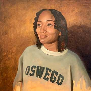 This is a portrait of a black woman with short hair and a Oswego sweatshirt on. The background is yellow ocher and textured. She is turned slightly to the left with a soft smile. 