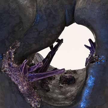 ​​​​​​​Image c: A close up of the hole in the same vase. The outside of the image is filled with the black surface of the vase. The opening in the center shows a white background. There are purple crystals near the bottom left and center right of the image.