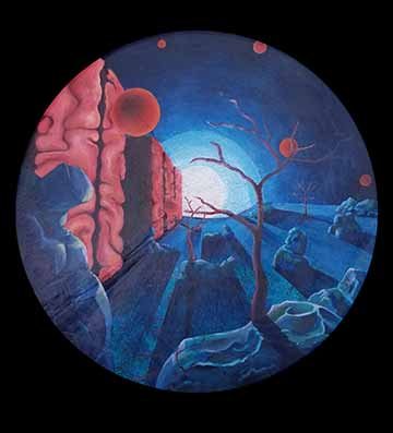 A round canvas containing a landscape-like scene. The majority of the canvas is blue. There is a red wall on the left side, wide at the edge and narrowing toward the center. There is a white circle at the center of the canvas that is partially obscured by other elements. This white area fades to a dark blue going out toward the upper right third of the circle. The lower right third is a medium blue area with scattered rock forms of similar color. There are dark red tree forms growing between the rocks. Oran