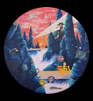 A round canvas containing a chaotic landscape scene. The foreground and midground contain blue and green tall, narrow rock formations. Collaged creatures are interspersed throughout the rock forms. In the lower half of the piece there is light pink fog between the rock forms. The background fills the top half of the painting. It is pink and orange clouds with collaged newspaper pieces peaking out in some areas. There is a collaged photo of the sum in the center of the background