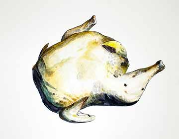 There is a drawing of a chicken stuffed with a bright yellow lemon. It is painted with an orange yellow palette with blue and violet shadows. The chicken is juxtaposed against a clean white background. 