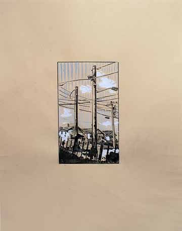 A cropped vertically oriented frame is centered in the middle of the surface containing an ink drawing of three power poles. Wires from the poles criss cross the top of the frame. There are also three houses at the bottom of the drawing behind black iron fencing. Thick vertical hatching indicates a sky through a gradient going from a darker blue to a lighter tint. Scattered through the composition are thick blobs of highlights and clouds.