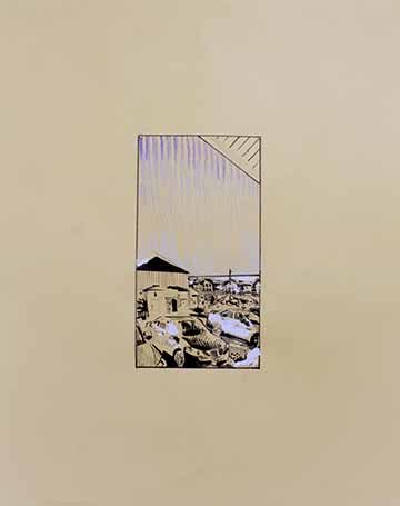 A cropped vertically oriented frame is centered in the middle of the surface containing an ink drawing of a parking lot surrounded with apartment buildings. The top right corner is cropped with a piece of roofing, forming a right triangle. The cars are rendered in a graphic hatching style. The sky is constructed with a gradient of hatching going from dark blue to white, simulating the atmospheric shift in the sky. Blobs of white are scattered in the bottom of the image depicting highlights and snow.