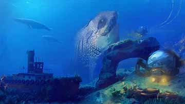A large whale emerges from the deep underwater ocean scene. There is an old tug boat nestled on the seafloor. It is covered in rust and plants from years of being there. We see two underwater exploratory vessels swoop in from the right. They have two orange headlights and metal arms. There is a large rock arch in the center right frame. Coral and other plant life populate the scene. 
