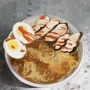 A bowl filled with chicken and noodles take up the majority of the frame. Red hot sauce is drizzled on top of the food. The surface the bowl sits on is a textured grey granite. A halved hard boiled egg is on the left hand side in the bowl. The broth is a warm ochre brown. 