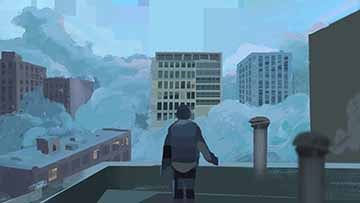 A figure stands on the top of a building overlooking a misty city. There are five buildings scattered in the distance. They are dotted with windows, some have yellow light emanating from them. The clouds of mist are lined with a rose tint, indicating a sunset off screen. 