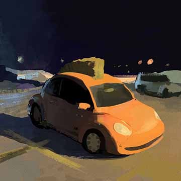 A bright orange VW Beetle sits parked in a parking lot. It has a constructed mohawk on top. There is another grey car loosely indicated on the right hand side of the frame. There are dotted street lights seen in the background. 