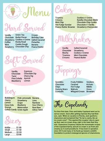 A bi-fold menu for a creamery. On the left side, there is the logo for the creamery on the top. The three sections listed on this side are hard served, soft served, ices, and a list of sizes and their price. Each section is grouped together in ovals that are green, pink, and blue. On the left side, customers can see options for cakes, milkshakes, and toppings. On the bottom left, there is a backstory for the owners of the restaurant. The front of the menu is green and has the logo and contact information fo