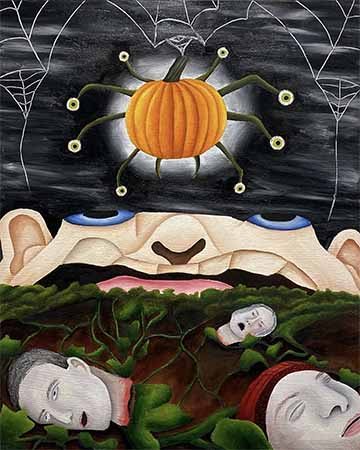 A giant, distorted monster face is emerging over the horizon of the image, and looking up towards a glowing pumpkin with spider legs hanging off a web in the sky. At the end of these legs are eyeballs. In the foreground is a pumpkin patch, but instead of pumpkins, there are decapitated heads. 