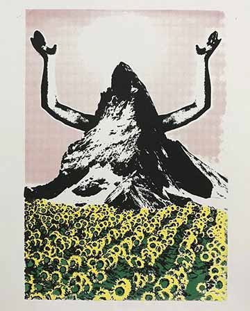 This screen print focuses on a black and white mountain with two arms coming out of the sides. This mountain is in a field of sunflowers, and in the background is a half-tone pink sky. 