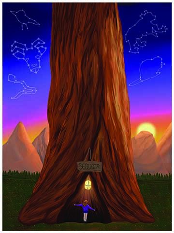 An illustration of a girl standing in front of a sequoia tree. There are mountains in the background, and constellations of animals that inhabit the area in the sky. 