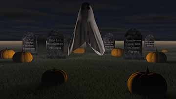 A 3D model of a ghost in a graveyard. There are pumpkins scattered through the composition, and multiple graves with carvings in them. 