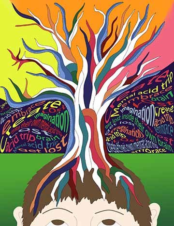 Colorful illustration of a boy with a tree growing out of his head. In the background is a distortion of various words, such as “imagination”, “create”, “embrace”, “lost”, etc. 