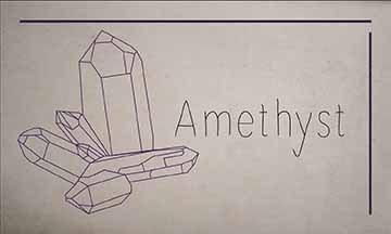 An information card about the crystal Amethyst. The front has a line-art styled drawing of the crystal with the name, and on the back there are three sections which describes the history, emotional healing, and physical healing associated with the crystal. The same drawing is seen emerging from the corner of the card. 