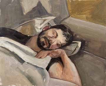 This painting depicts a male asleep and we can see from the shoulders up.  His arm is bent awkwardly under his chin, as if he had fallen asleep suddenly in a weird position.  There is a stream of sunlight falling onto the figure’s face and the couch.  The brushwork is atmospheric.