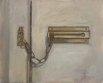 This painting depicts a close up of a deadbolt lock.  The door that the lock is mounted on is off white, and the chain and lock are a brassy gold.