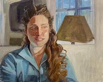 This painting is a portrait of a female with brown curly hair from the chest up.  She is in a turquoise blue collared zip up.  The background is a domestic interior but is rendered somewhat abstractly.  There is a strong sense of warm sunlight falling on the woman’s face on the right.