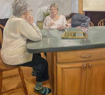 This oil painting is composed of a scene of three figures sitting around a counter in a moment of candid conversation.  There are three wine glasses on the counter, as well as a gold and green square object that isn’t necessarily identifiable. We can see the entire body of the figure on the right who is seated in a chair, the torso up of the figure in the middle, and only half of the torso of the figure on the right who is bent down so you can’t see her face.