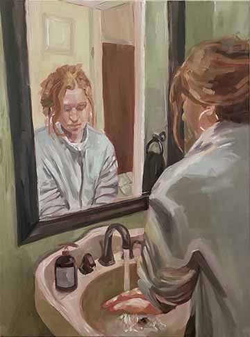 This oil painting is a figurative piece in which we see a figure in the foreground who is reflected in a mirror as they are washing their hands.  The color palette consists of earthy greens, greys and reds.