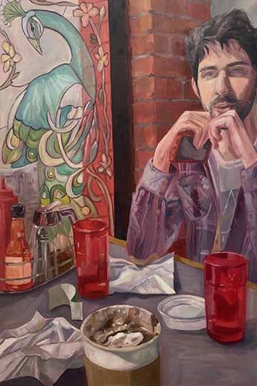 This piece is an oil painting depicting a figure seated across the table from the viewer.  There are various food and restaurant related items on the table, like cups, condiments, a menu, and crumpled napkins and pieces of paper.  There is a large stained glass window with a design of a peacock on it that is to the left of the figure.