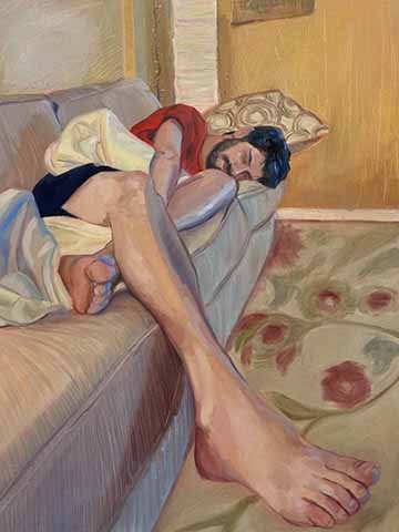 This painting depicts a figure asleep on a couch.  The figure’s leg is distorted, as it comes closer to the viewer the foot becomes very large. 