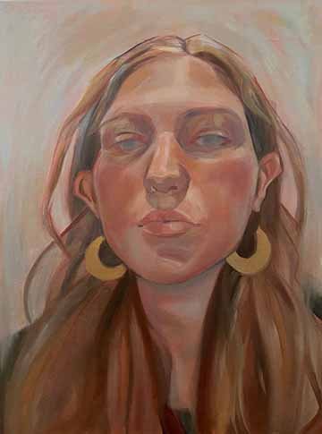 This is a self portrait.  The background is a cool blue and the face has warmer red and yellow tones.  The gaze is directly at the viewer, but the eyes are clouded over and not fully realized.