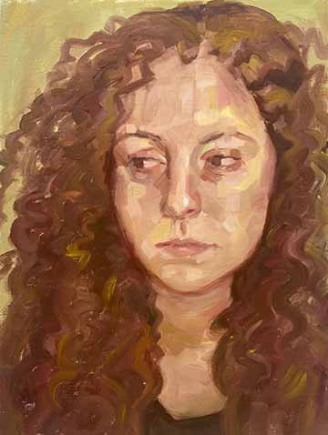 This is a portrait of a woman with dark curly hair.  The palette consists of green, red and white.  The brushstrokes are very broken and fragmented.