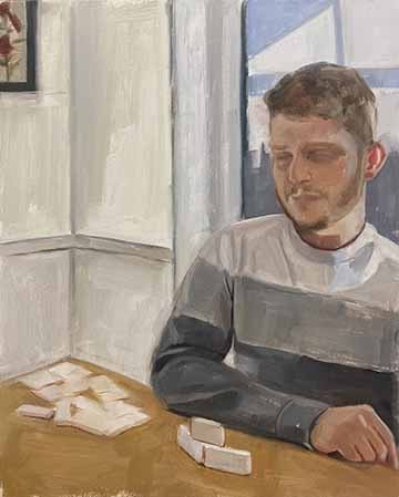 This painting is an interior scene with a figure sitting at a table.  On the table is a pile of dominos.  