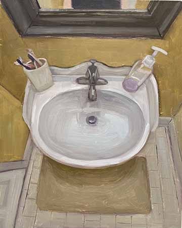 This painting is a point of view of a bathroom sink looking down from straight above.  The sink is circular, the walls are yellow ochre and the floor is a neutral tone.  There is a hand soap dispenser on the right side of the sink and a toothbrush holder on the left side of the sink.  The brushstrokes are evident and thick.