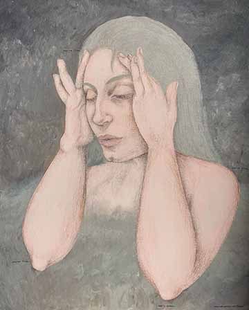 Female portrait, holding her hands to her head, in distress. This is on top of a hazy, gray and sage green background, with typewritten words “you’re fine.”