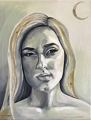 Monochromatic painted portrait with loose brushstrokes, featuring a crescent moon in the top right corner, and collaged words saying “Wish-You-Were-Here,” and “him” and “her.”