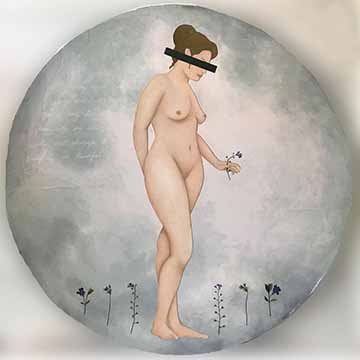 Circular painted composition representing a full moon as the background, featuring a new woman holding, and surrounded by pressed flowers at her feet. Her eyes have been “censored” out.