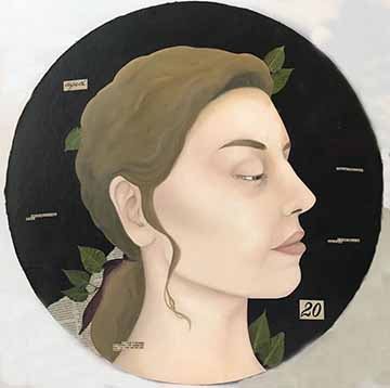 A profile painted portrait on a black background with painted on newspaper clippings, and pressed leaves.