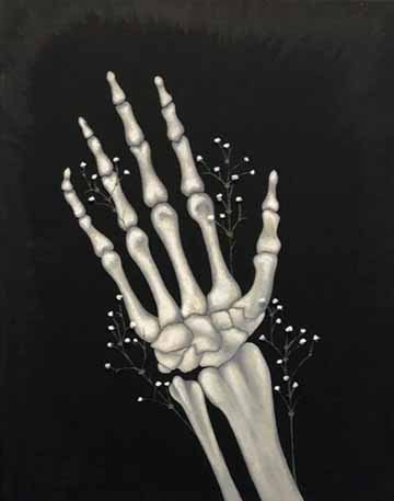 A view of one’s hands looking down, the left is a normal hand, and the right is a skeletal hand. They are surrounded by black and dark brown shades of color, and baby’s breaths surrounding the hands in bunches.