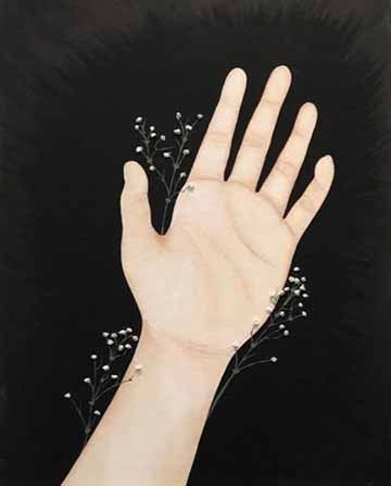 A view of one’s hands looking down, the left is a normal hand, and the right is a skeletal hand. They are surrounded by black and dark brown shades of color, and baby’s breaths surrounding the hands in bunches.
