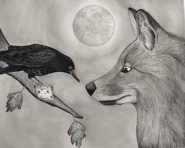 Black and white adaptation in ink of a crow with cheese sitting on a branch, while staring at the fox, while the fox is staring at the cheese. A full moon is centrally located in the background behind the two.